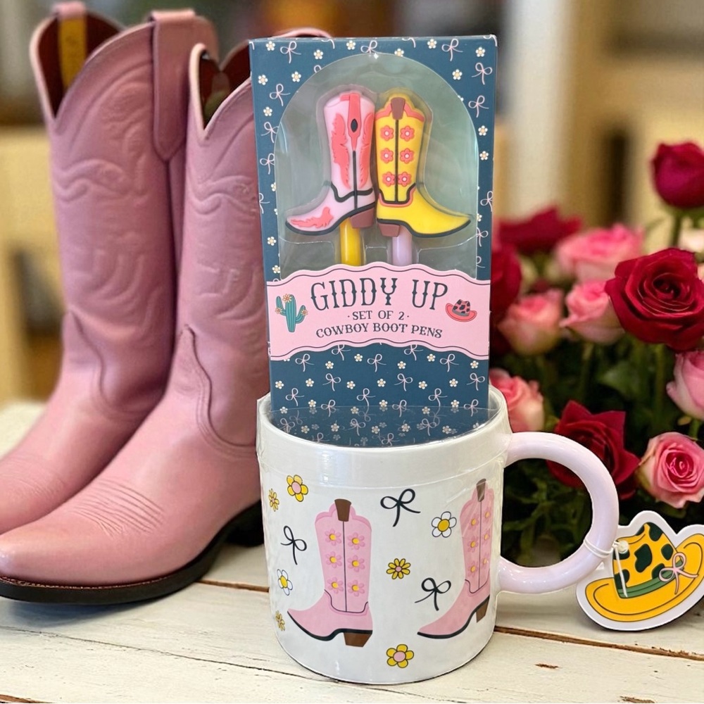 NEW Giddy Up Pink Cowboy Boot Mug and Matching Pen Set